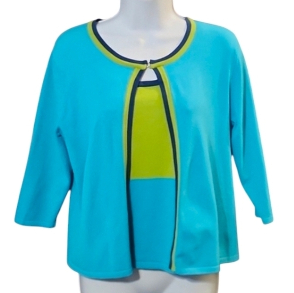 Petite Sophisticate Teal And Green 2 Piece Top Set